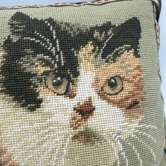 Vintage Imperial Elegance Wool Needlepoint Cats Throw Pillow Green Calico KItten - Picture 2 of 9